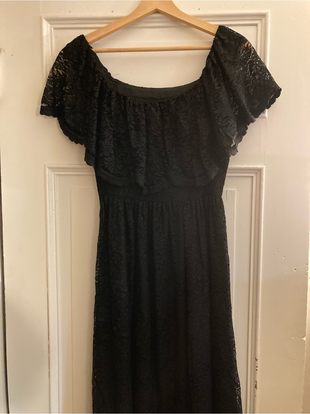 Vintage Black Lace Draped Boatneck Maxi Dress
